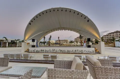 Outdoor stage and lounge seating at Royalton Hideaway Saint Lucia.