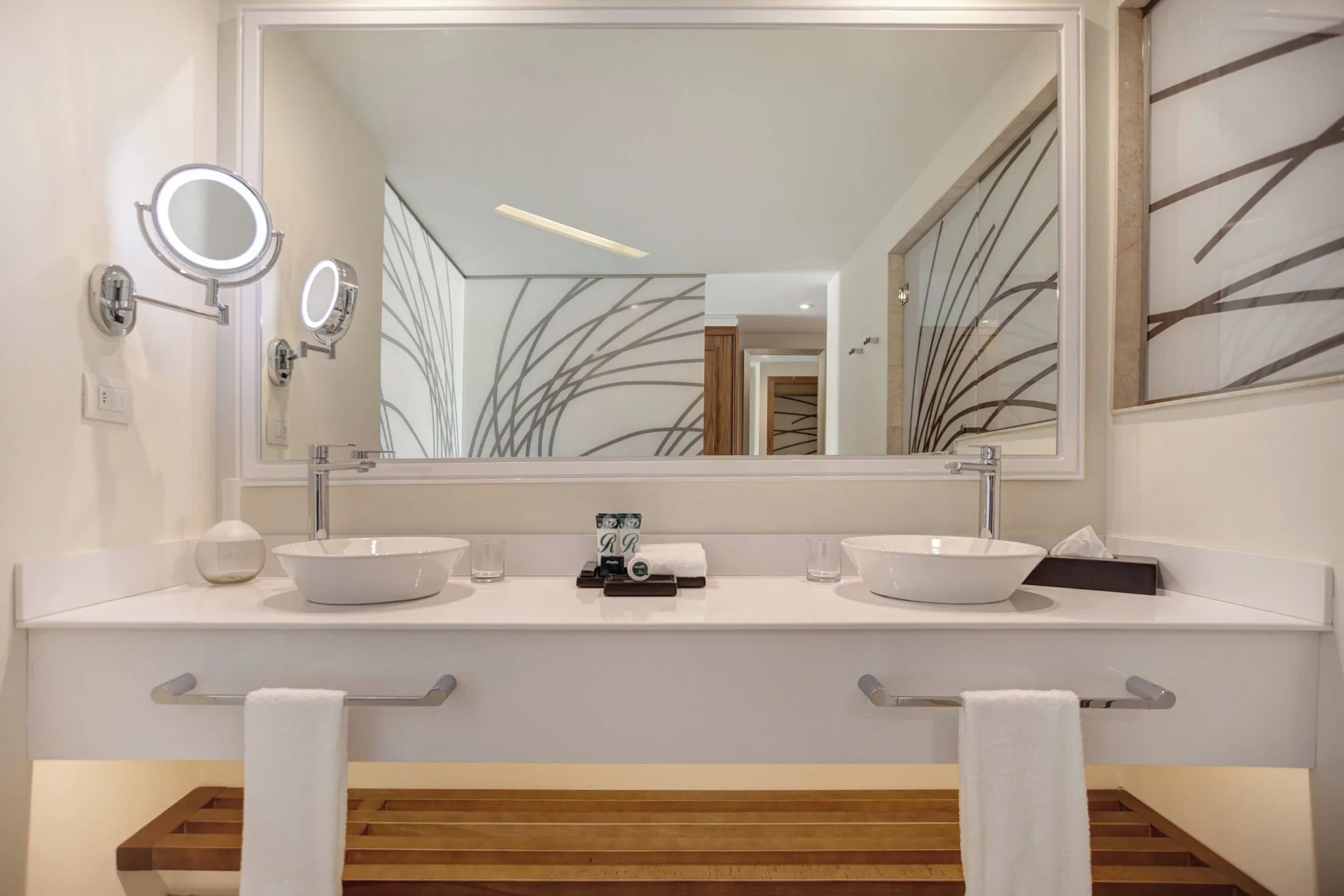 Double vanity bathroom in a Diamond Club swim-out suite at Royalton Hideaway Saint Lucia.