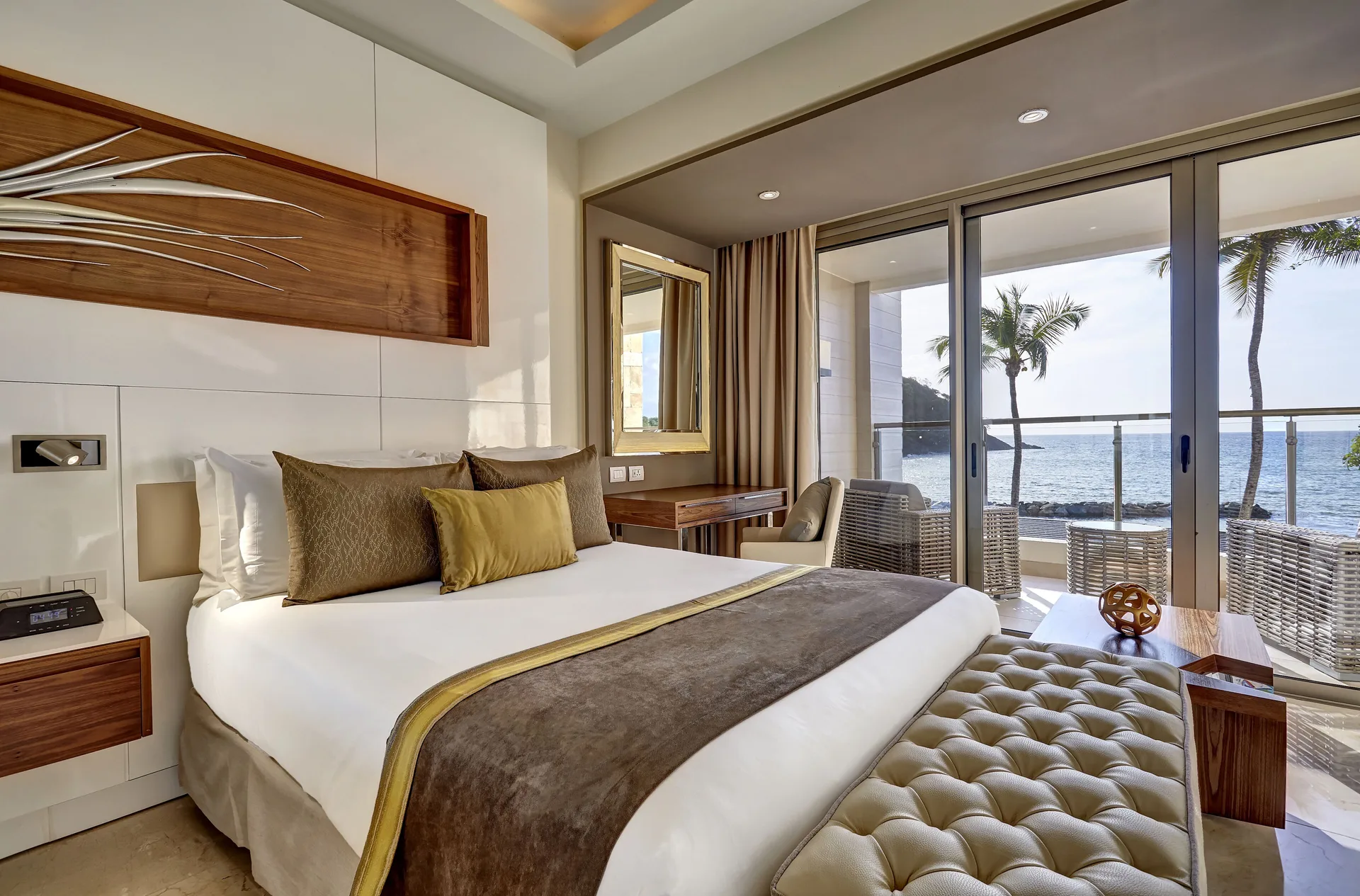 Oceanfront king bedroom in a Chairman's suite at Royalton Hideaway Saint Lucia.