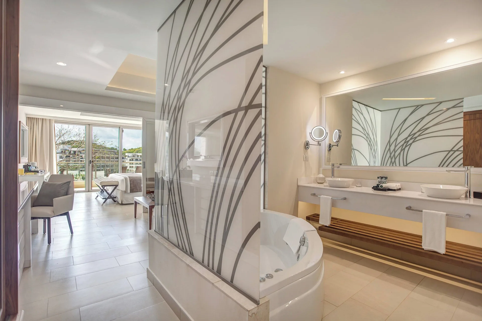 Luxury Family Suite bathroom and bedroom view at Royalton Hideaway Saint Lucia.