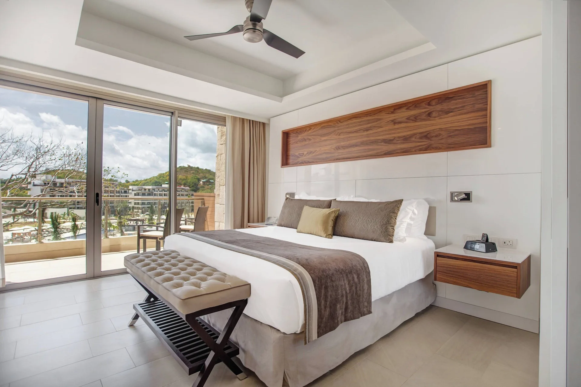 Luxury Family Suite Ocean View Diamond Club king bedroom and balcony at Royalton Hideaway Saint Lucia.