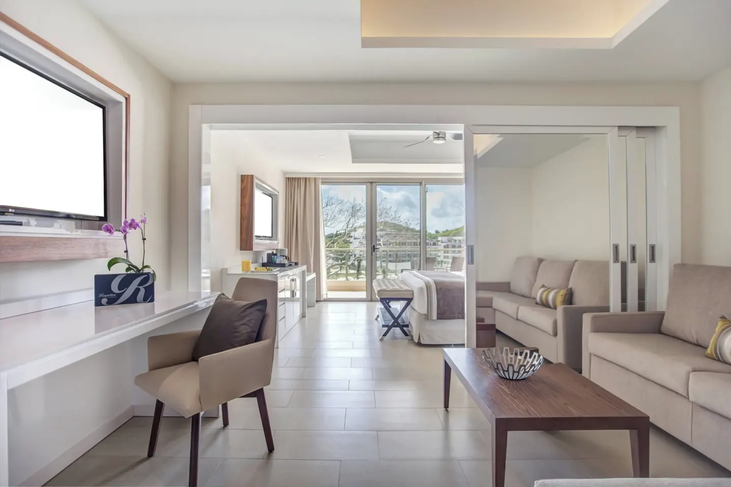 Luxury Family Suite Ocean View Diamond Club living area and bedroom at Royalton Hideaway Saint Lucia.