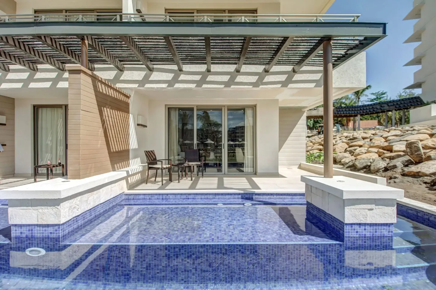 Swim-out pool and terrace outside a suite at Royalton Hideaway Saint Lucia.