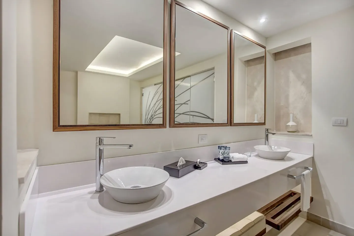 Luxury Presidential suite bathroom vanity and mirrors at Royalton Hideaway Saint Lucia.