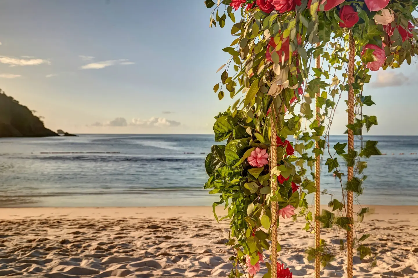 Floral wedding arch detail on the beach at Royalton Hideaway Saint Lucia.