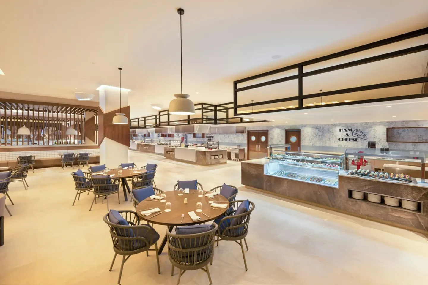Buffet dining room with dessert cases at Royalton Splash Riviera Cancun.