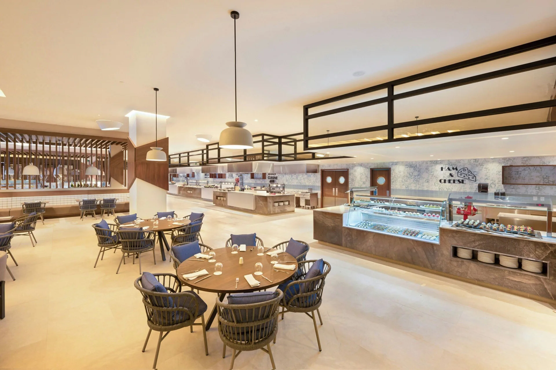 Buffet dining room with dessert cases at Royalton Splash Riviera Cancun.