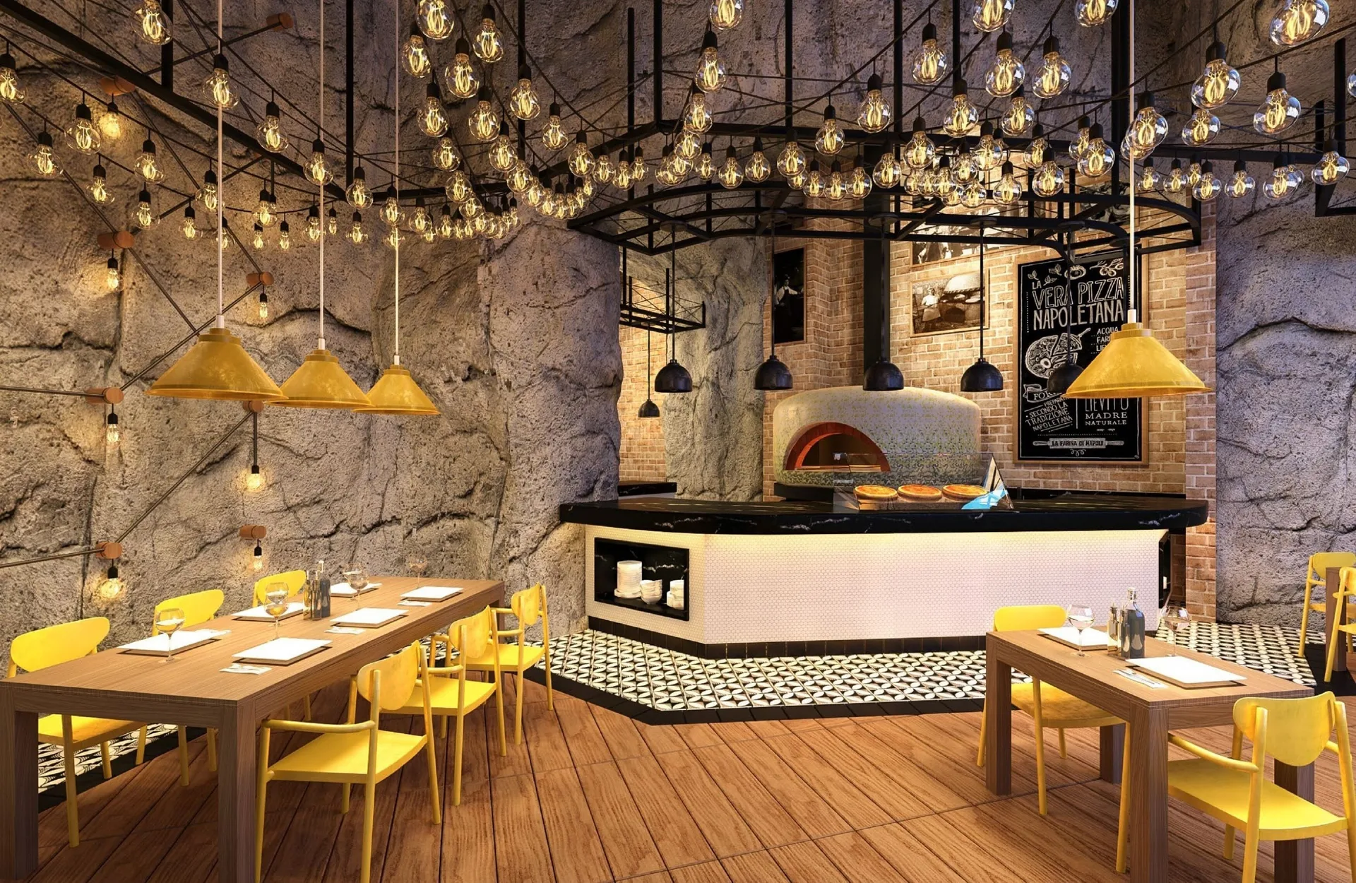 Pizza restaurant with yellow chairs and a brick oven at Royalton Splash Riviera Cancun.