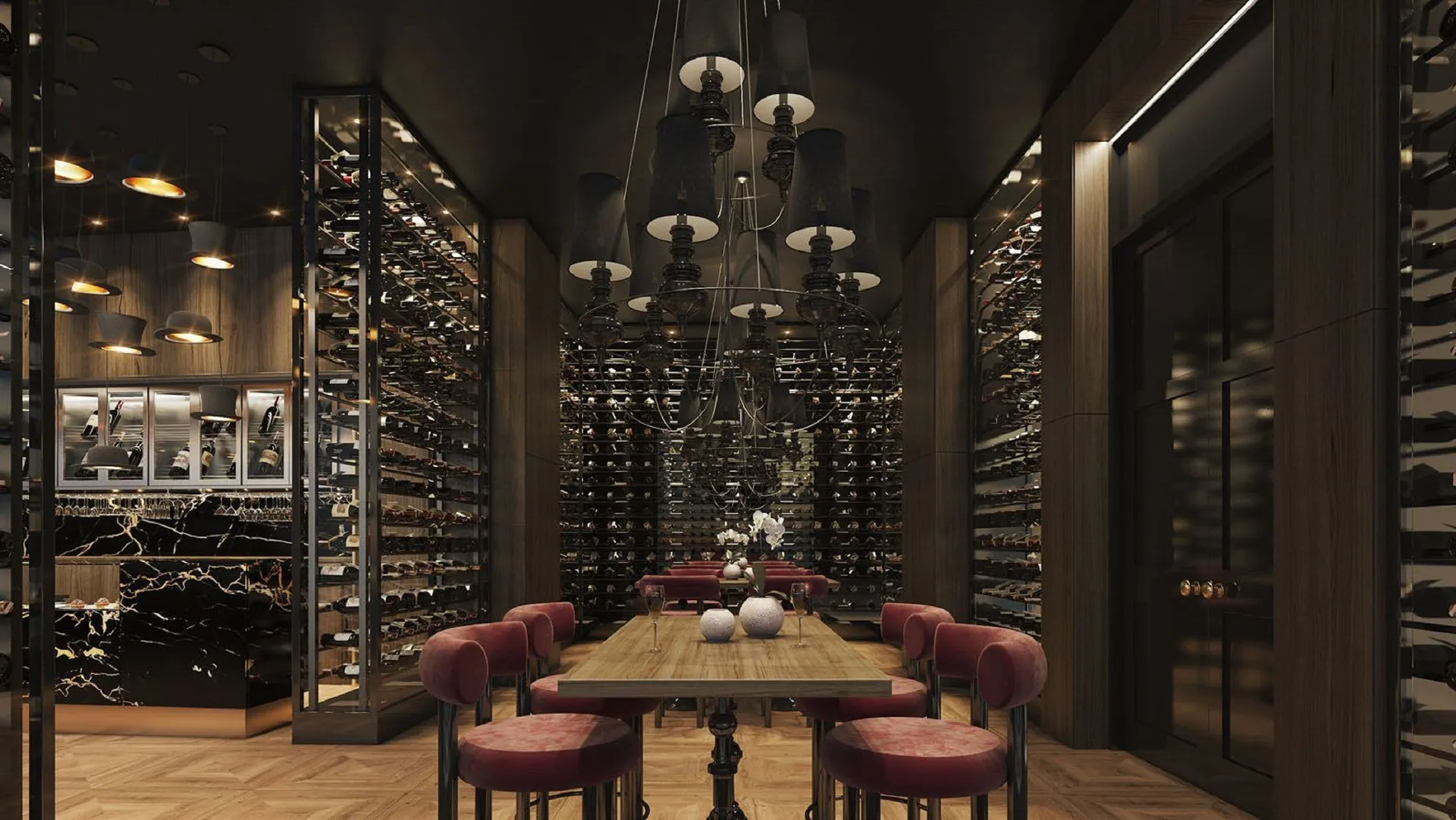 Wine tasting room with bottle walls and red chairs at Royalton Splash Riviera Cancun.