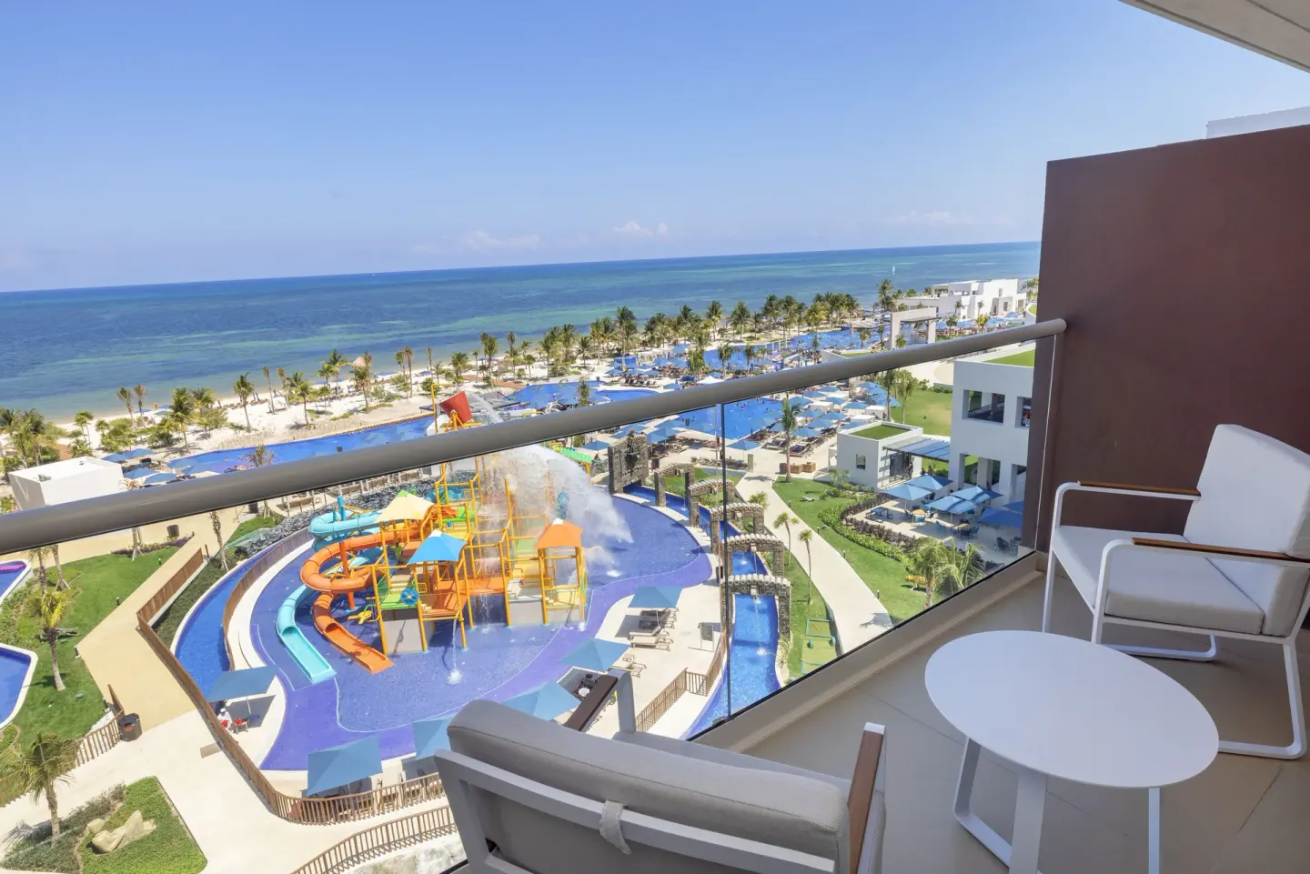 Balcony view from a Luxury Junior Suite Ocean Front at Royalton Splash Riviera Cancun.