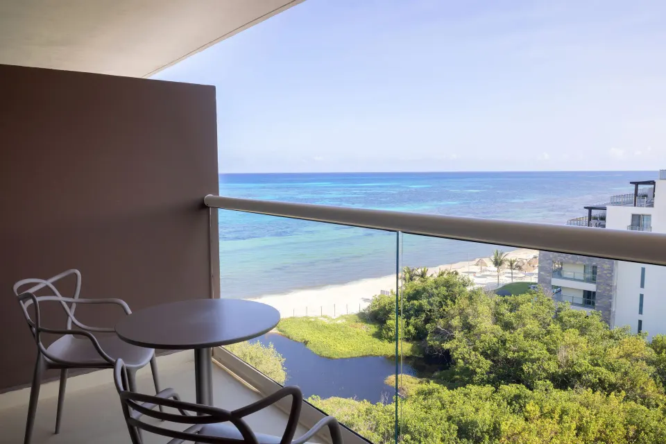 Luxury Junior Suite balcony with ocean view at Royalton Splash Riviera Cancun.