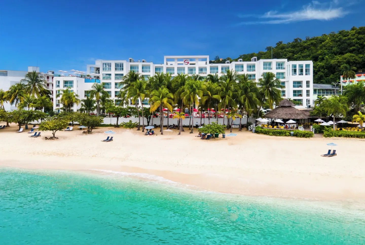 Beachfront resort building behind palms and sand at S Hotel Montego Bay.