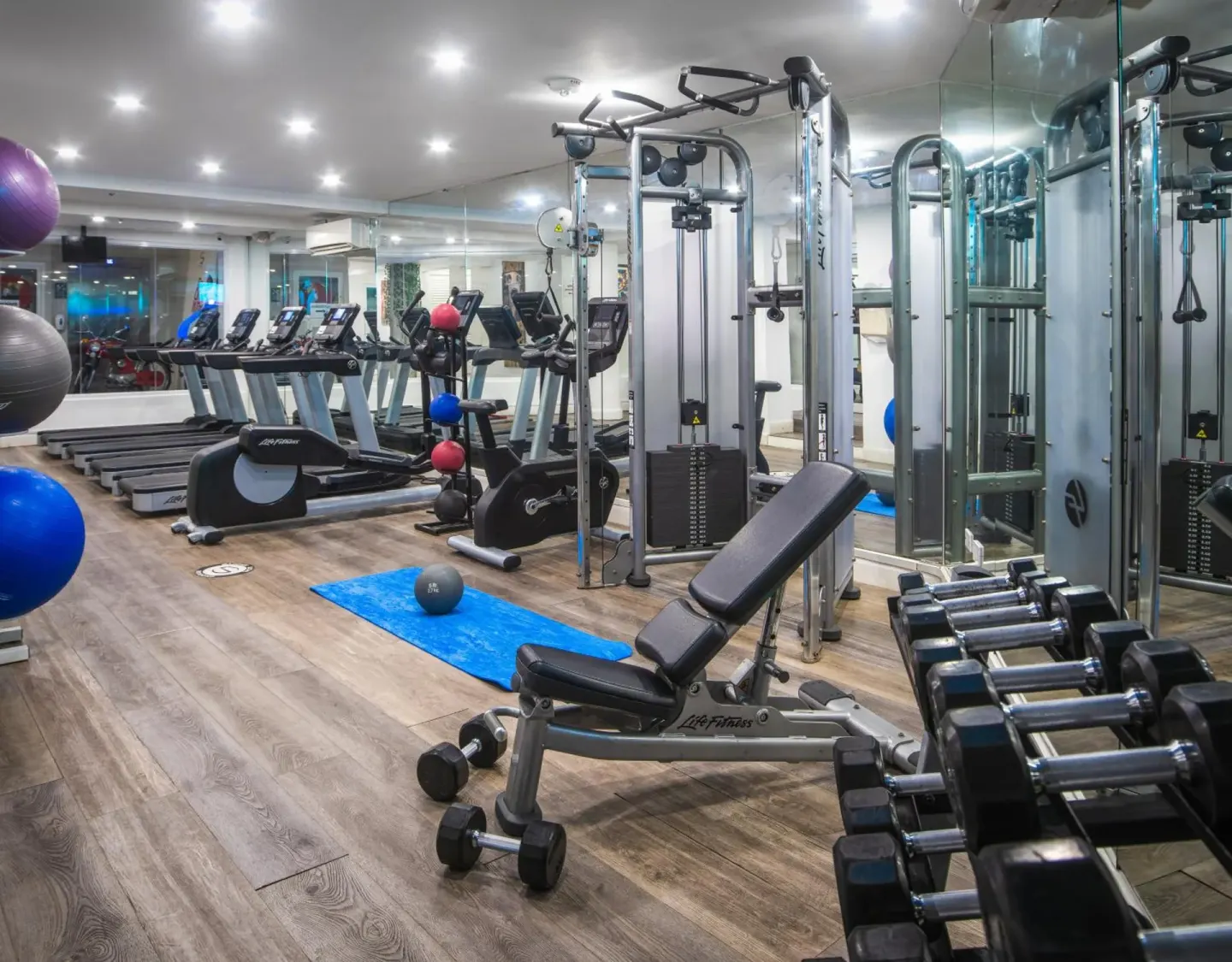 Fitness center with treadmills, weights and strength machines at S Hotel Montego Bay.