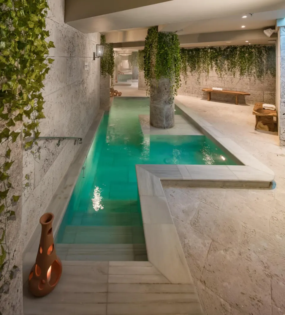 Spa plunge pool with stone walls, benches, and hanging greenery at S Hotel Montego Bay.