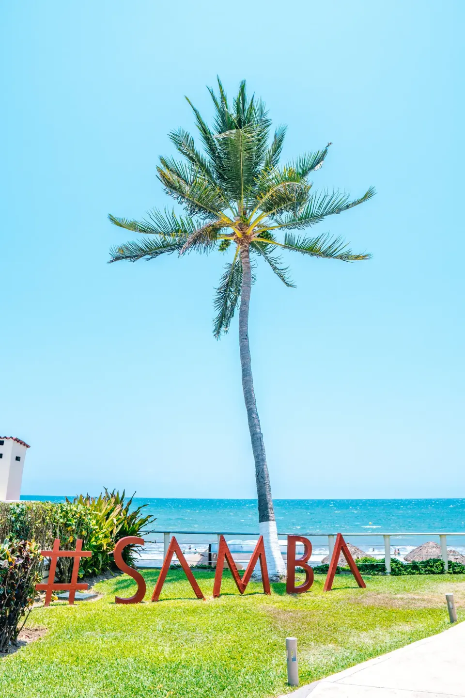 Palm tree and red Samba sign on a seaside lawn at Samba Vallarta.