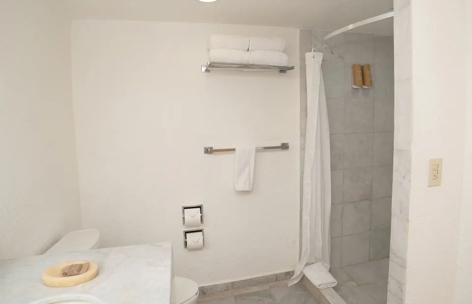 Standard Room bathroom with walk-in shower and towels at Samba Vallarta.