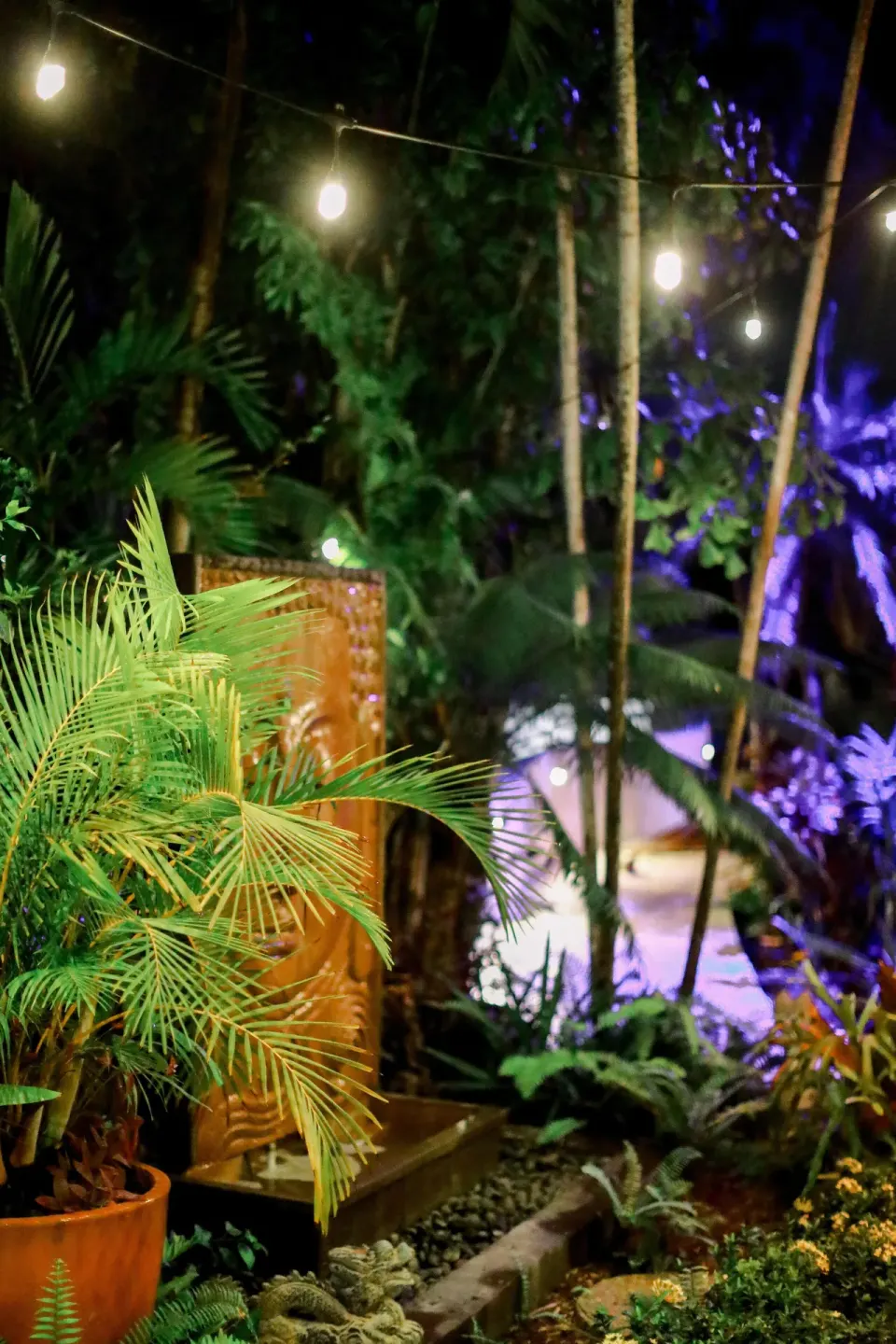 Night garden with string lights and tropical plants at Sand Castle on the Beach.
