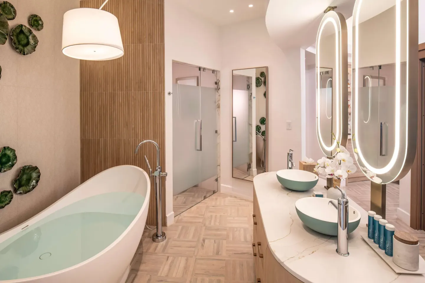 Freestanding tub and double vanity bathroom at Sandals Dunns River.