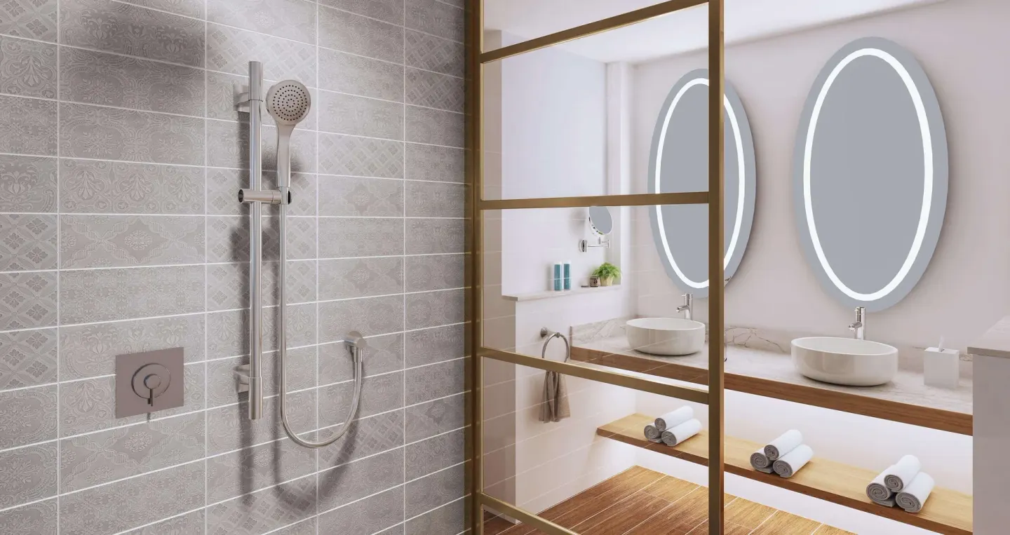 Walk-in shower and double vanity bathroom at Sandals Dunns River.