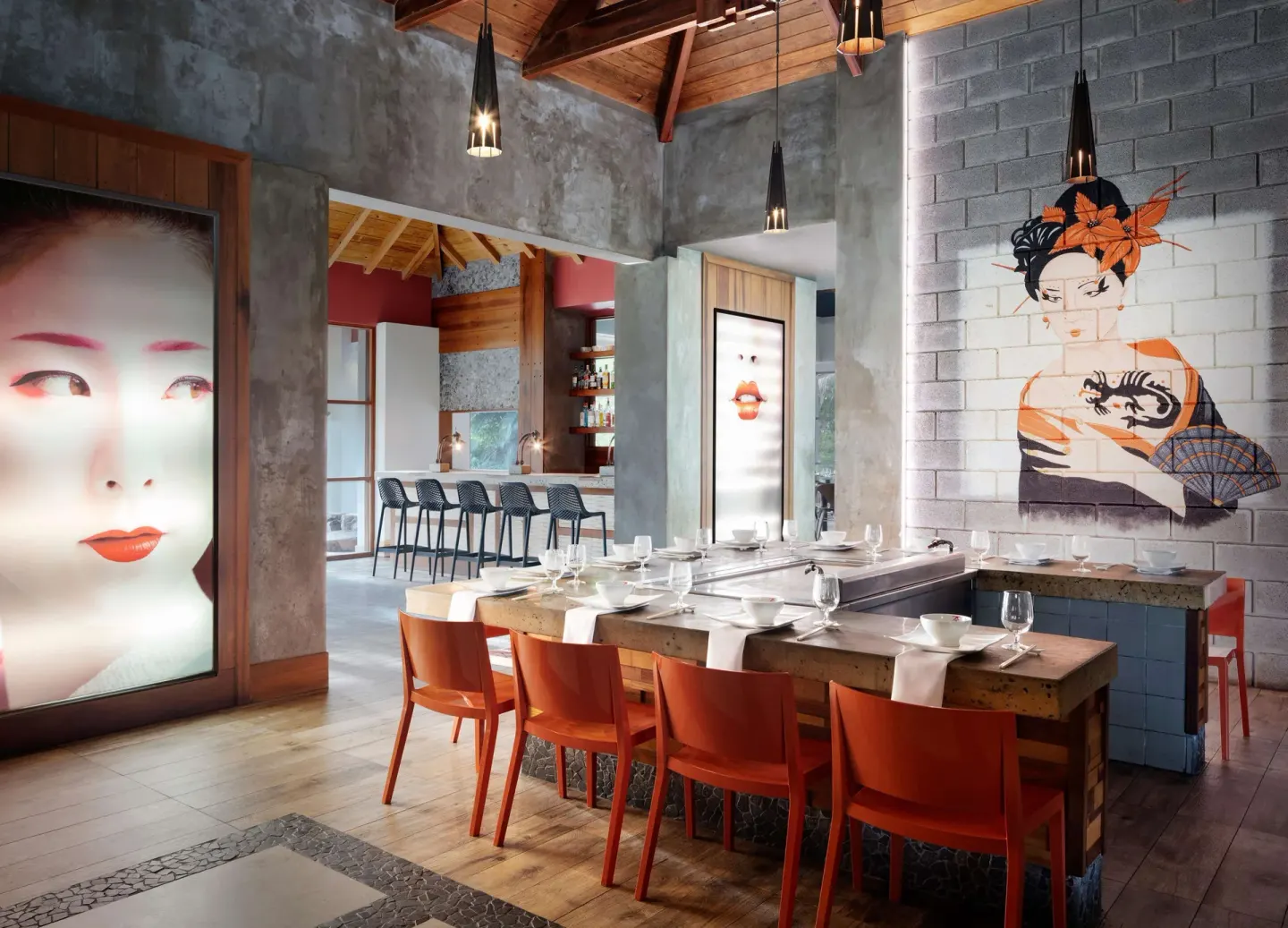 Teppanyaki table and Japanese artwork inside Kimonos at Sandals Grande St. Lucian.