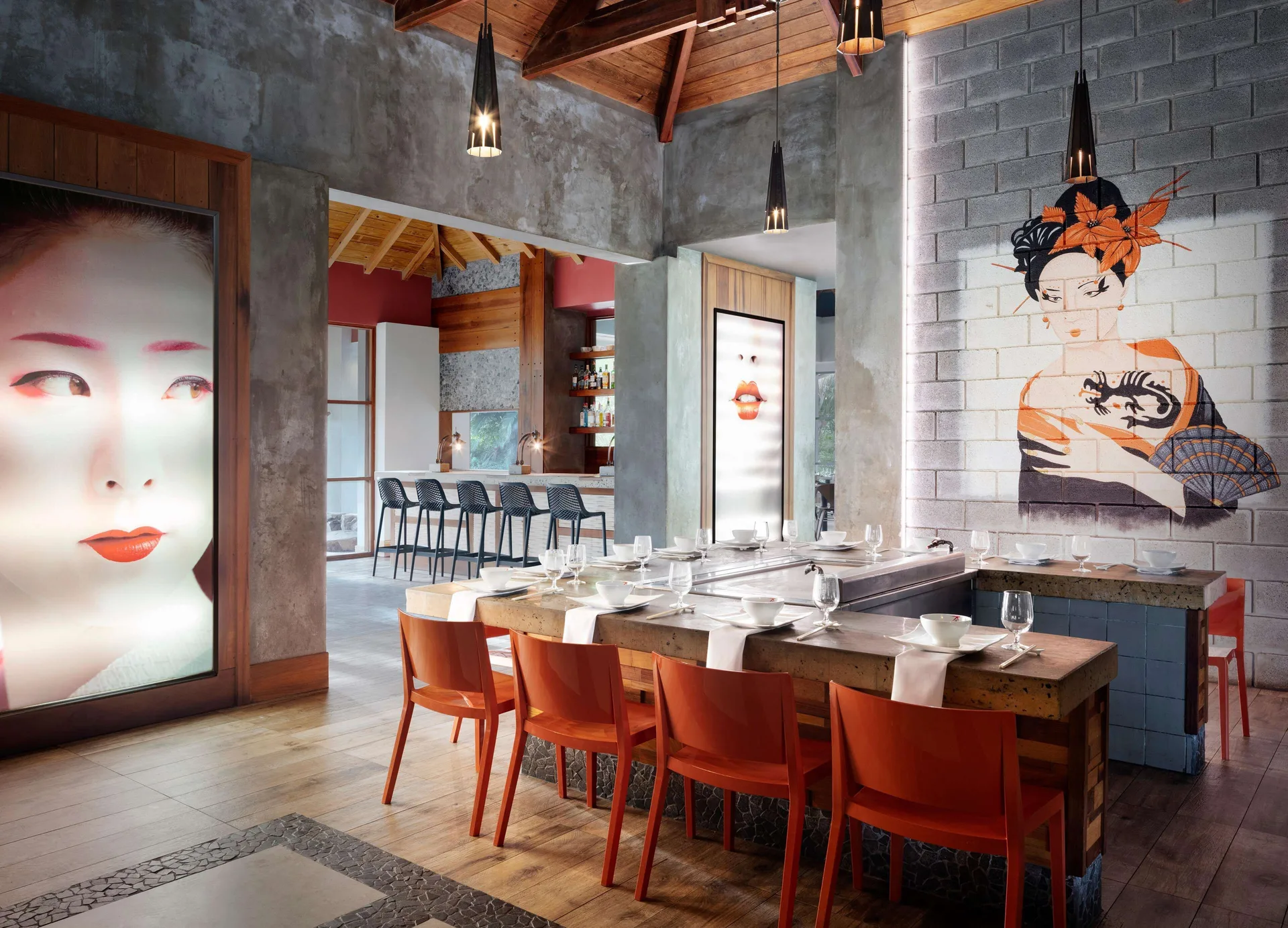 Teppanyaki table and Japanese artwork inside Kimonos at Sandals Grande St. Lucian.