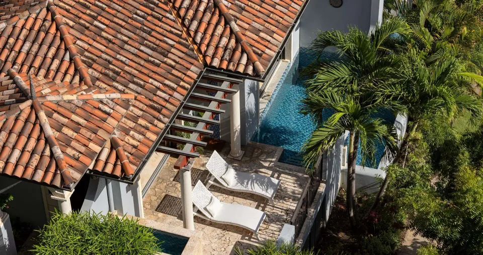 Aerial view of a Luxury Suite terrace and plunge pool at Sandals Grenada.