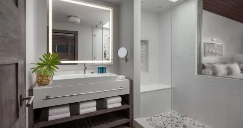Lover's Hideaway Junior Suite bathroom vanity and glass shower at Sandals Grenada.
