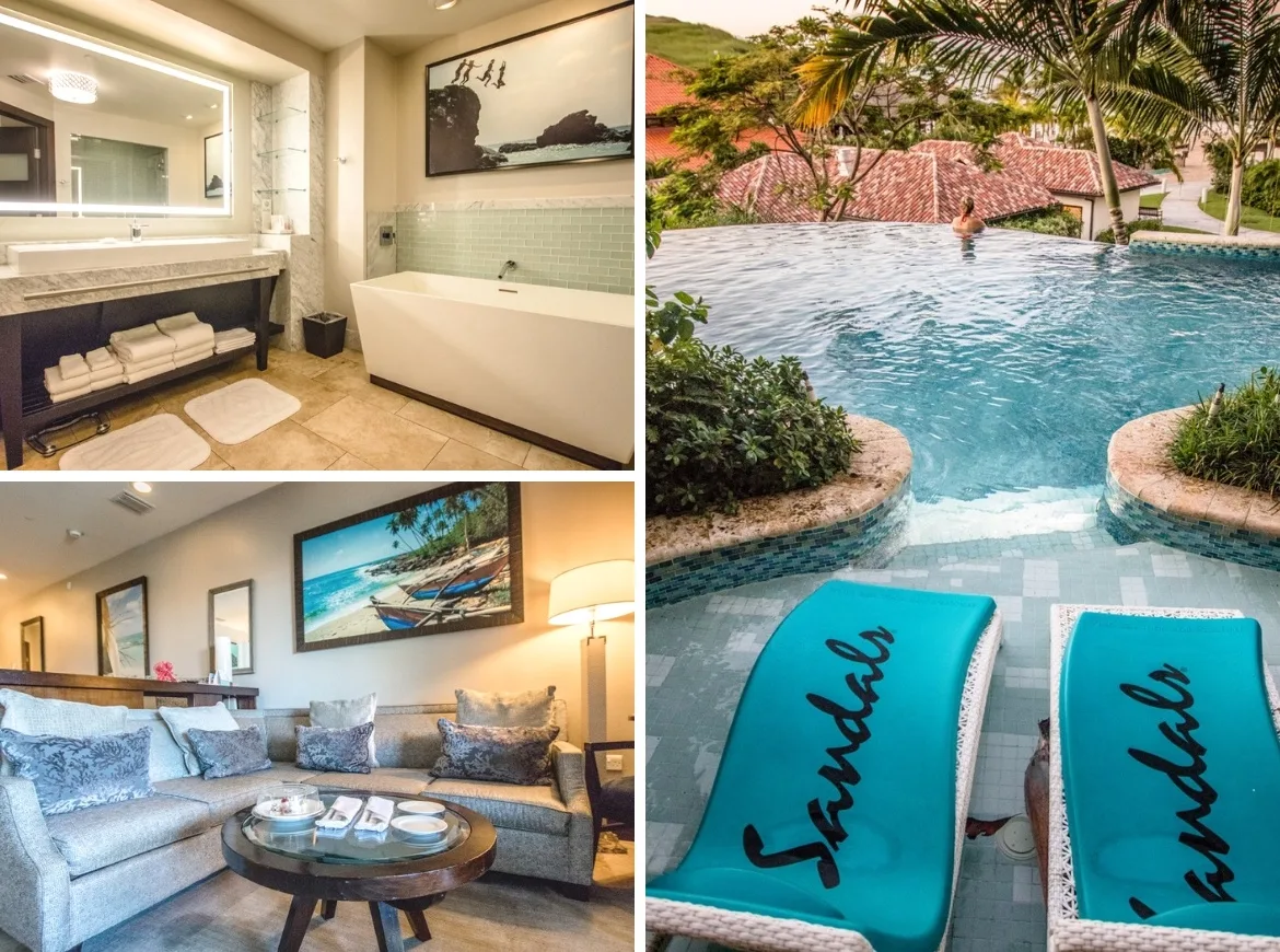 Wescalabedsus3nt suite at Sandals Grenada with sitting area, bathroom, and pool loungers offering unique accommodations in Grenada.