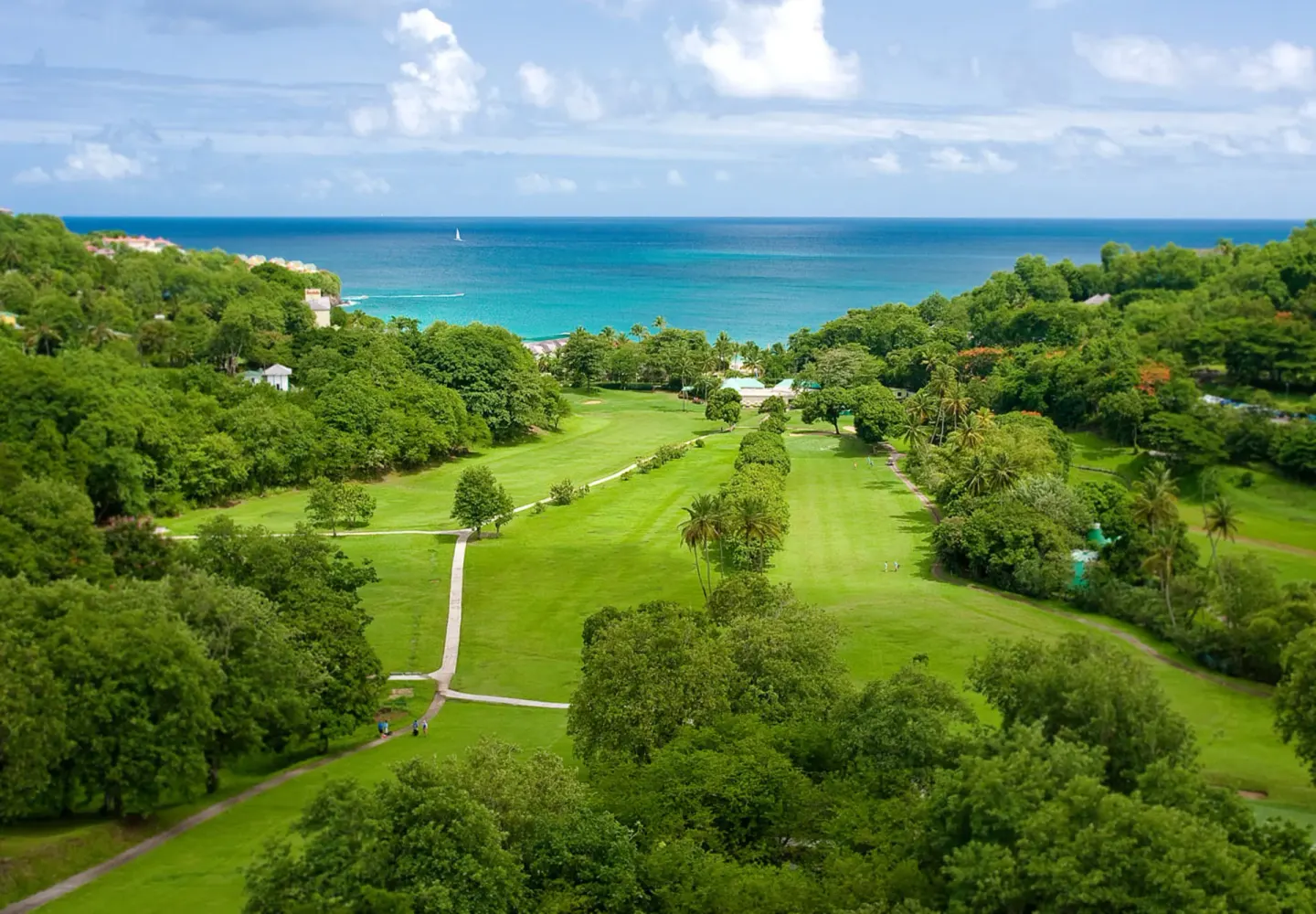 Green fairways and trees leading toward the turquoise sea near Sandals Halcyon.