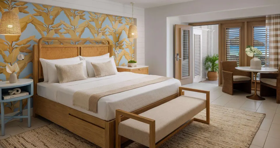 Beachfront butler villa junior suite bedroom with king bed at Sandals Montego Bay.