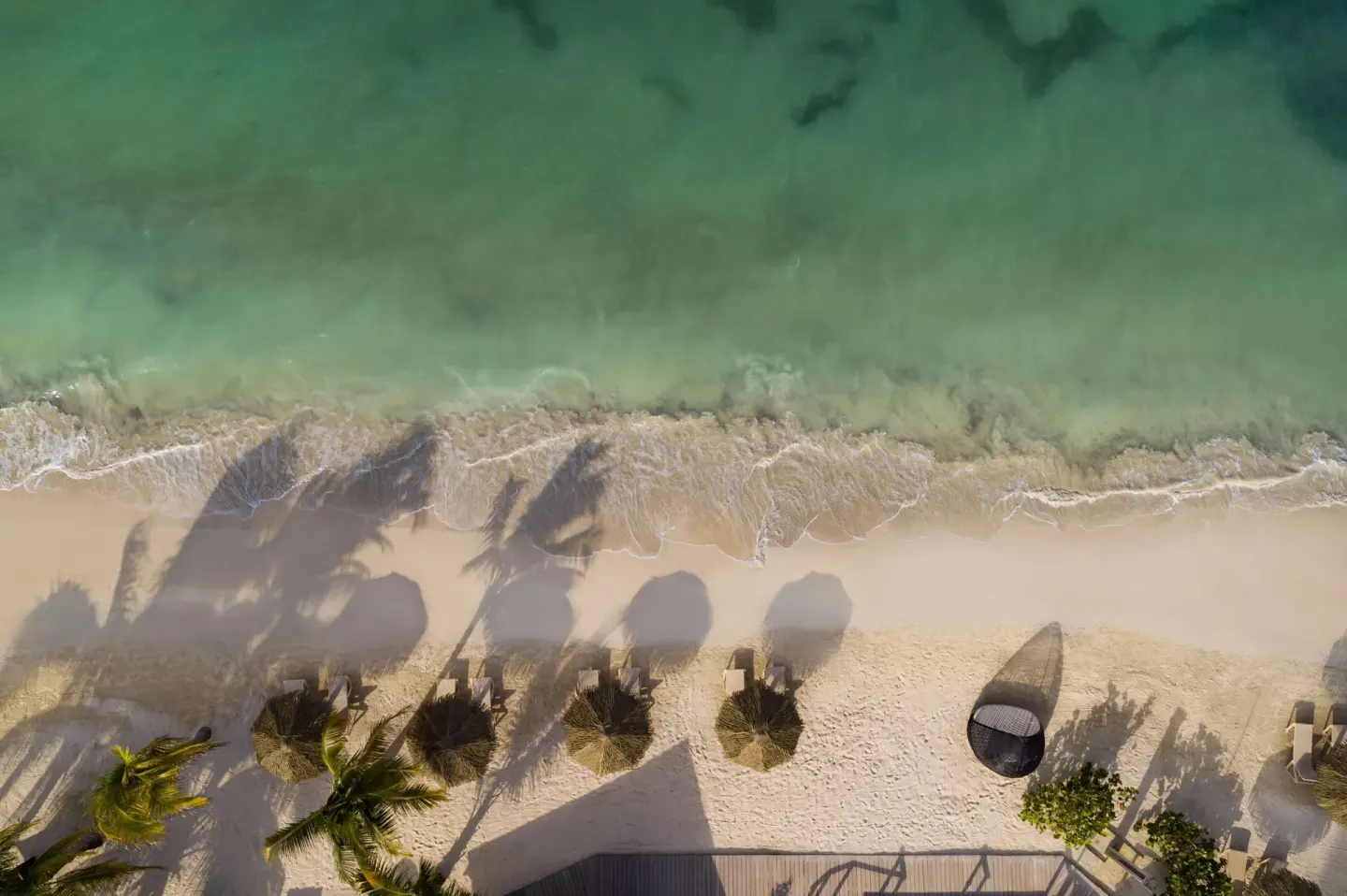 Aerial view of beach loungers, palm shadows, and turquoise surf at Sandals Negril.