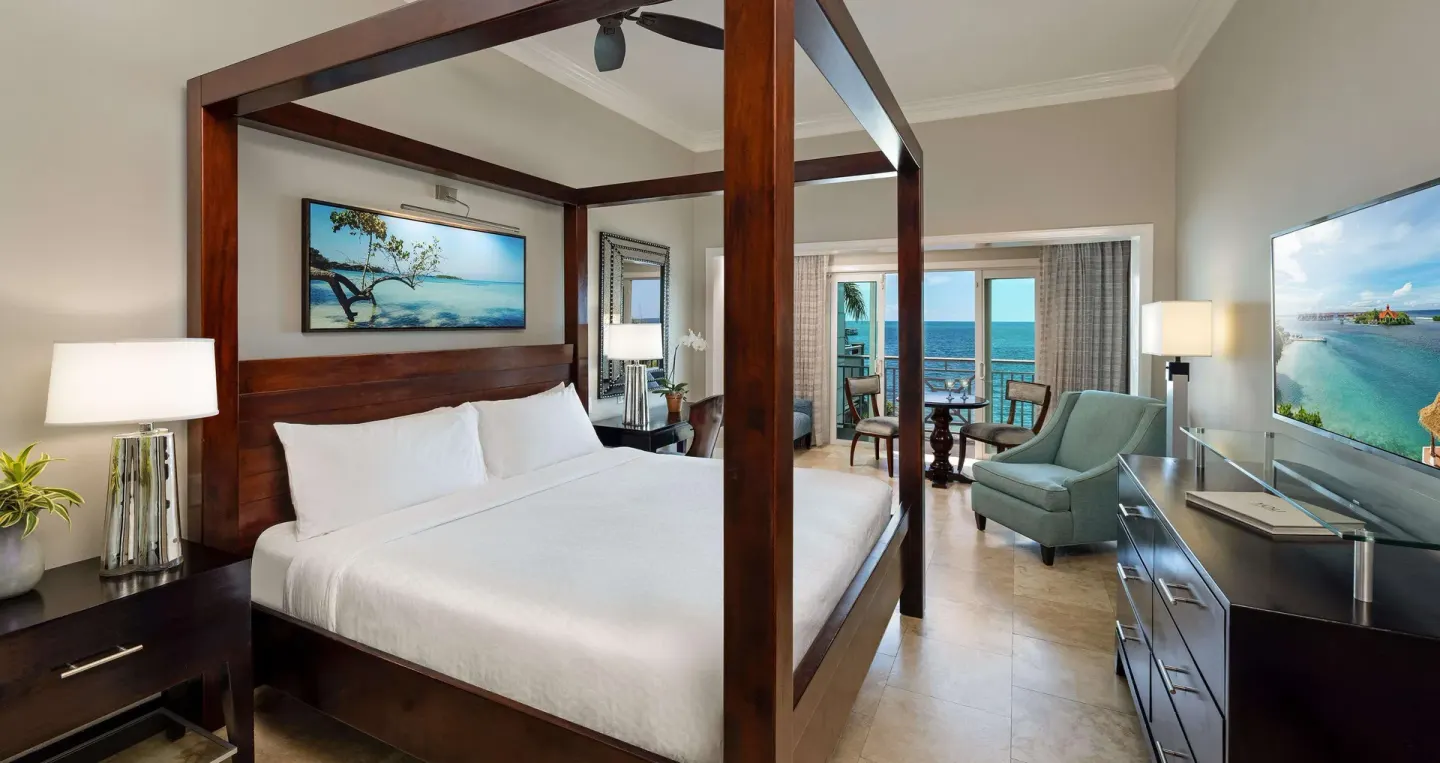 Paradise Beachfront Grande Luxe Club Level room with king bed and ocean view at Sandals Negril.