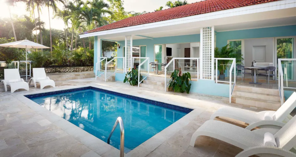 Private pool and patio outside a villa poolside Club Level room at Sandals Ochi.