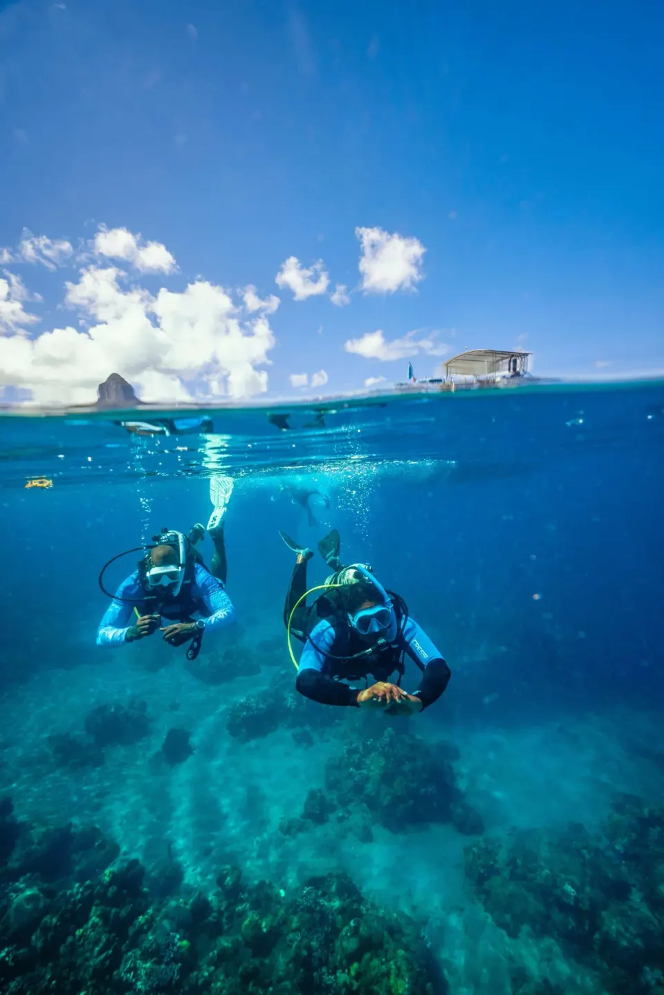 Two scuba divers swim over a reef near Sandals Regency La Toc.