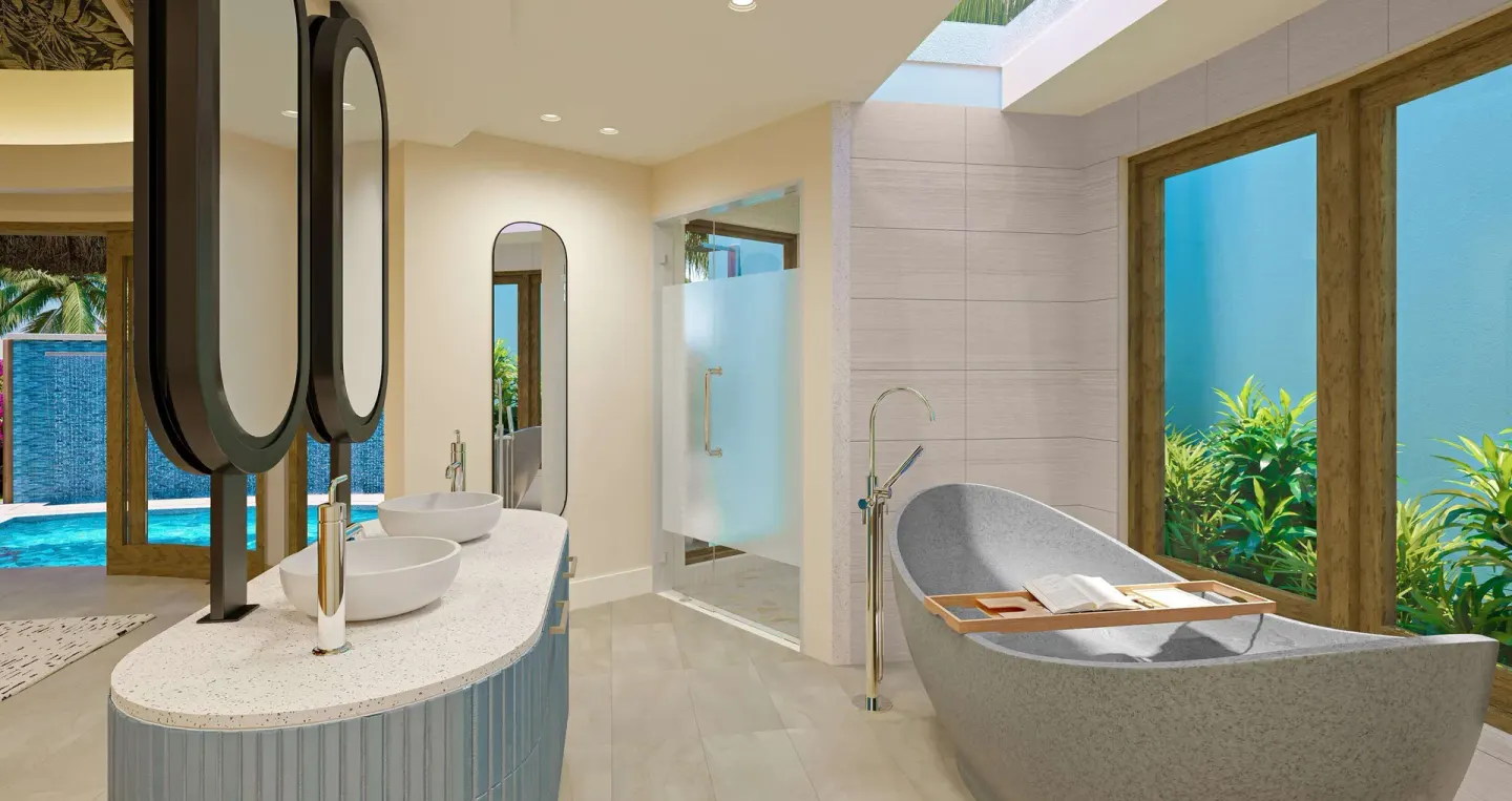 Spa-style bathroom in a Rondoval Butler Sky Villa at Sandals Regency La Toc.
