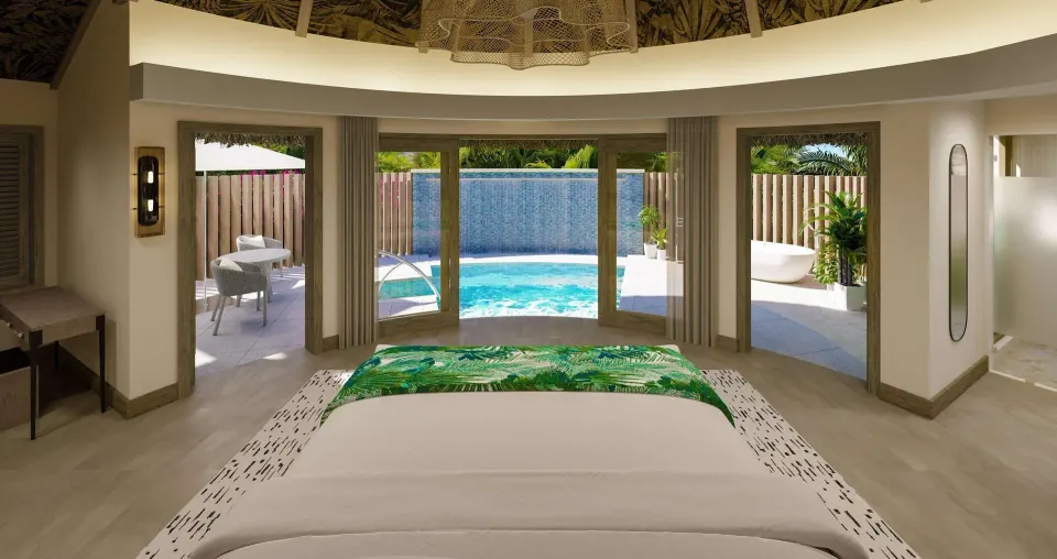 King bed facing a private pool in a Rondoval Butler Sky Villa at Sandals Regency La Toc.