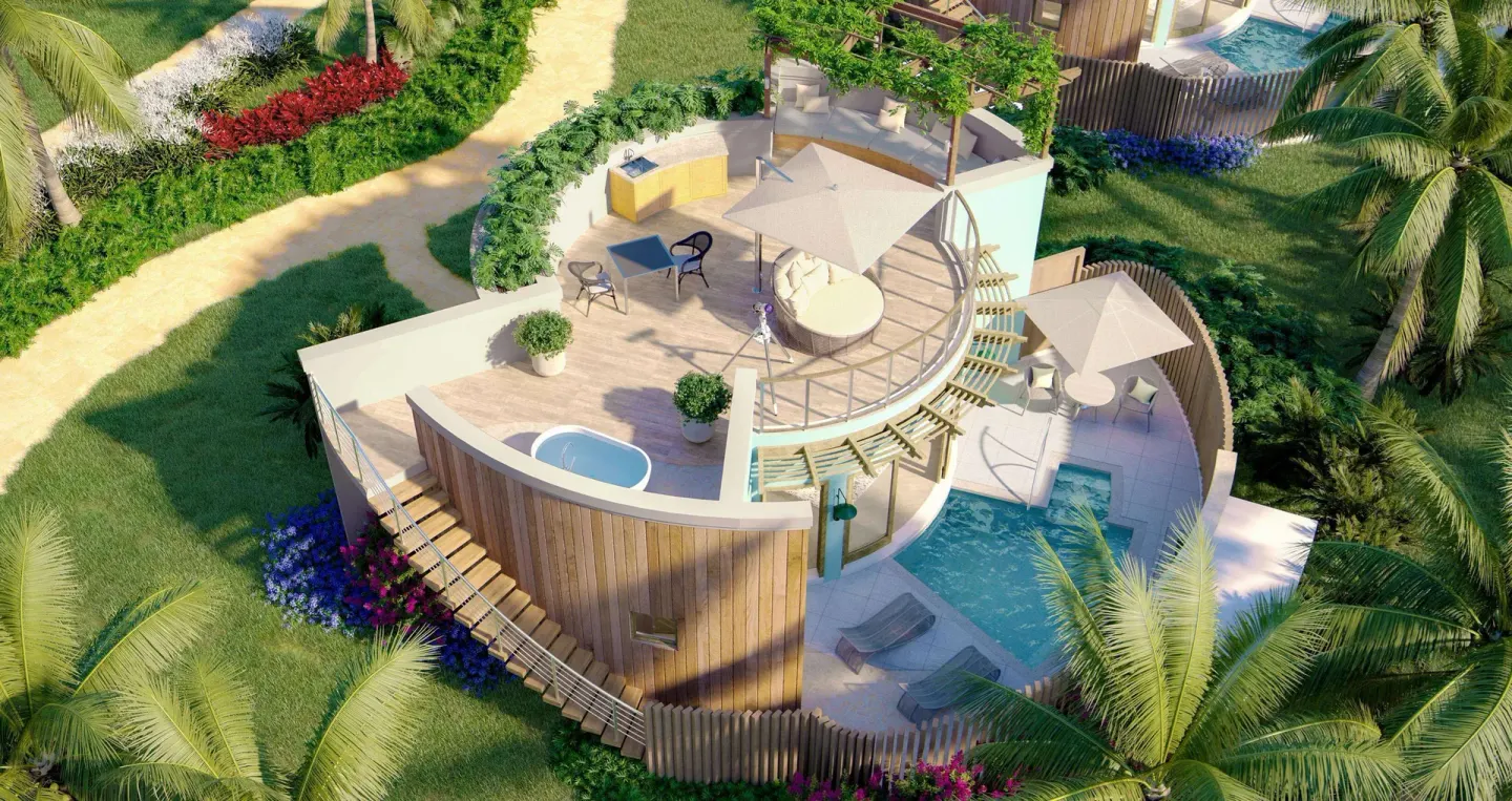 Aerial view of a Rondoval Butler Sky Villa with private pool at Sandals Regency La Toc.