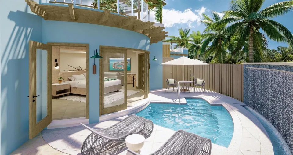 Private pool terrace outside a Rondoval Butler Sky Villa at Sandals Regency La Toc.