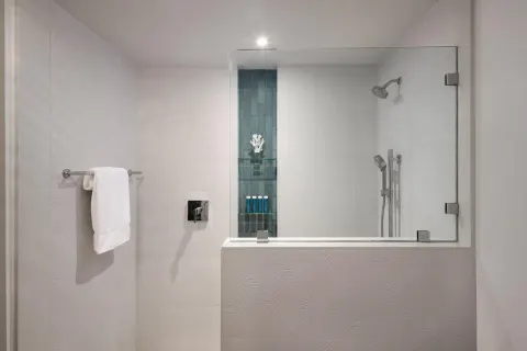 Glass shower with towel rail and bath amenities at Sandals Royal Bahamian.