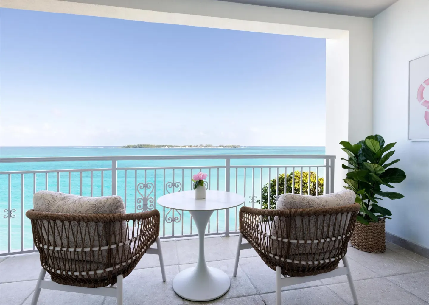 East Bay Beachfront Club Level Room balcony with ocean view at Sandals Royal Bahamian.
