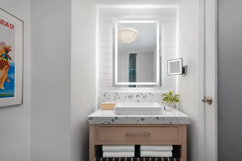 East Bay Beachfront Swim-up Butler Suite bathroom vanity at Sandals Royal Bahamian.