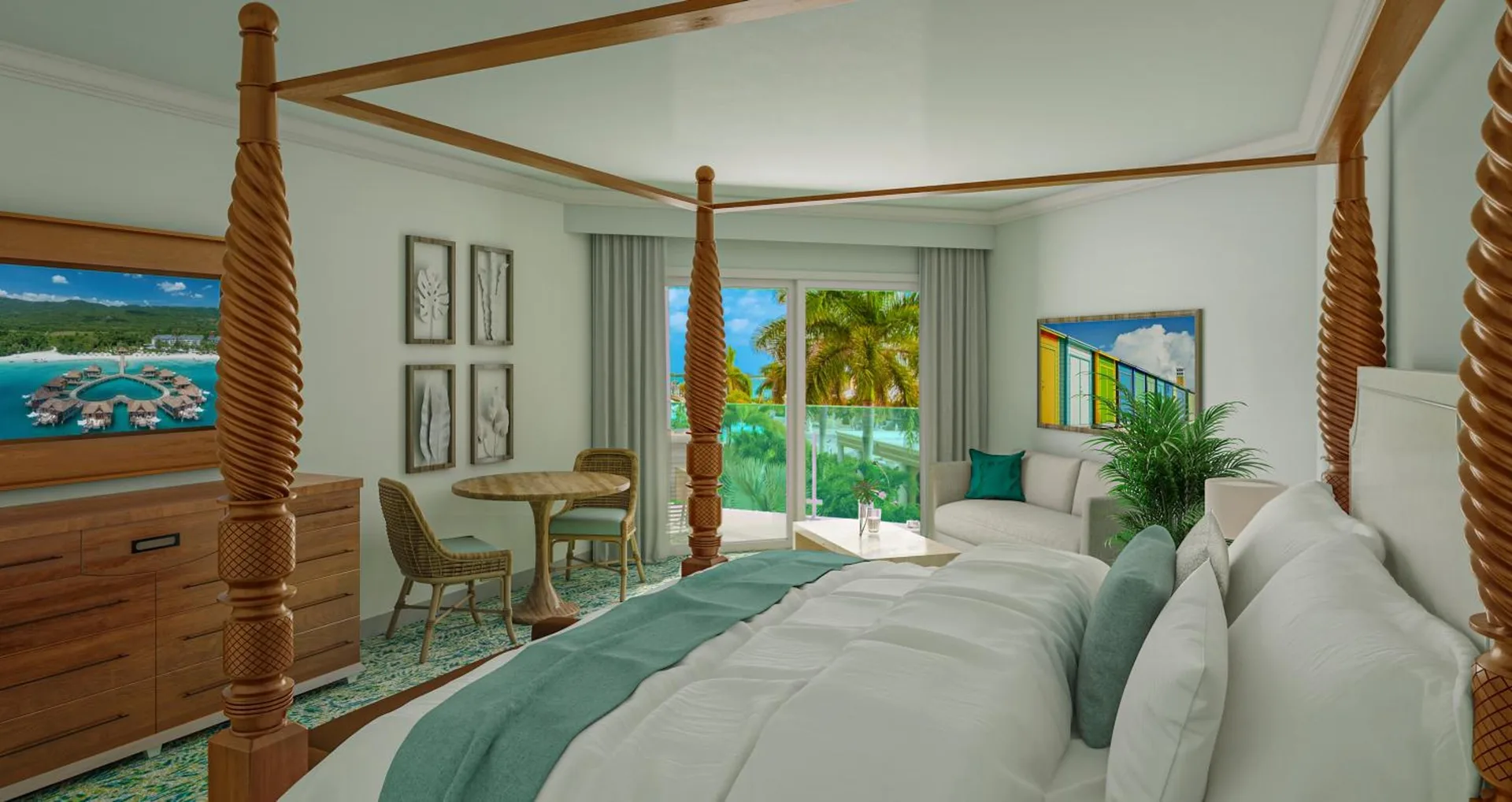 West Bay Honeymoon Oceanview Club Level Suite at Sandals Royal Bahamian with king bed, elegant décor, and direct ocean views.