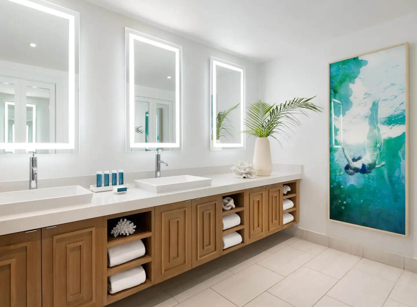 Double vanity bathroom in West Bay Honeymoon Suite at Sandals Royal Bahamian.