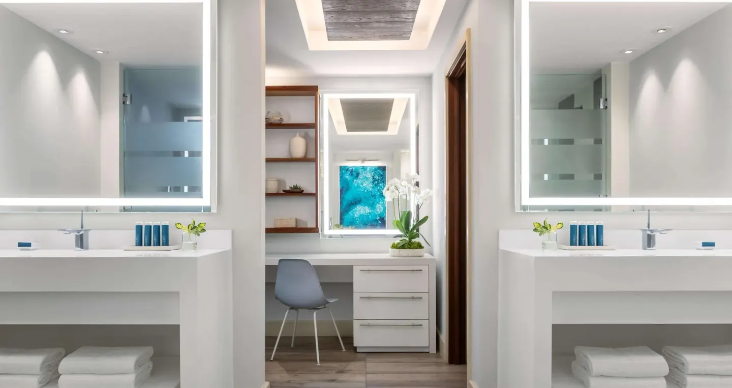 Double vanity bathroom and dressing area at Sandals Royal Barbados.