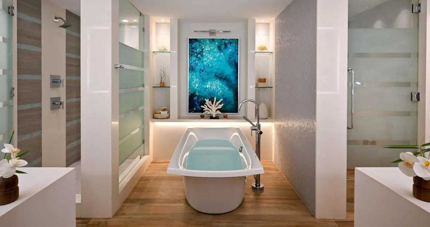 Spa-style bathroom with freestanding tub and two showers at Sandals Royal Barbados.