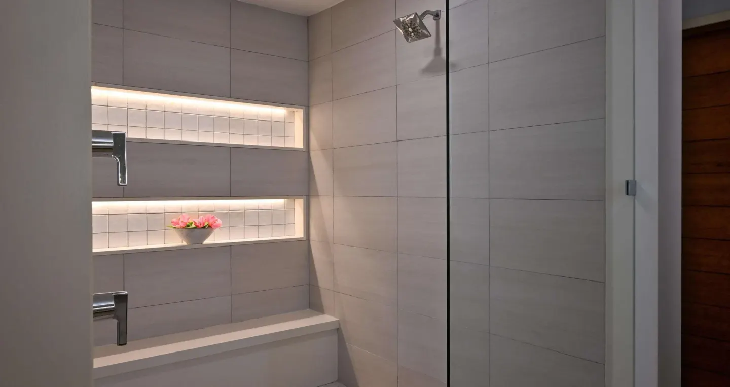 Walk-in shower with tiled niches and rainfall showerhead at Sandals Royal Barbados.