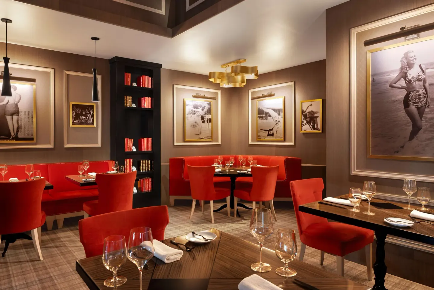 French-style dining room with red seating at Sandals Royal Barbados.