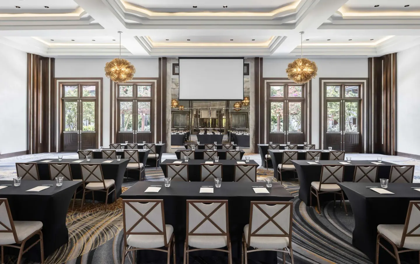 Conference room with classroom tables and projection screen at Sandals Royal Barbados.