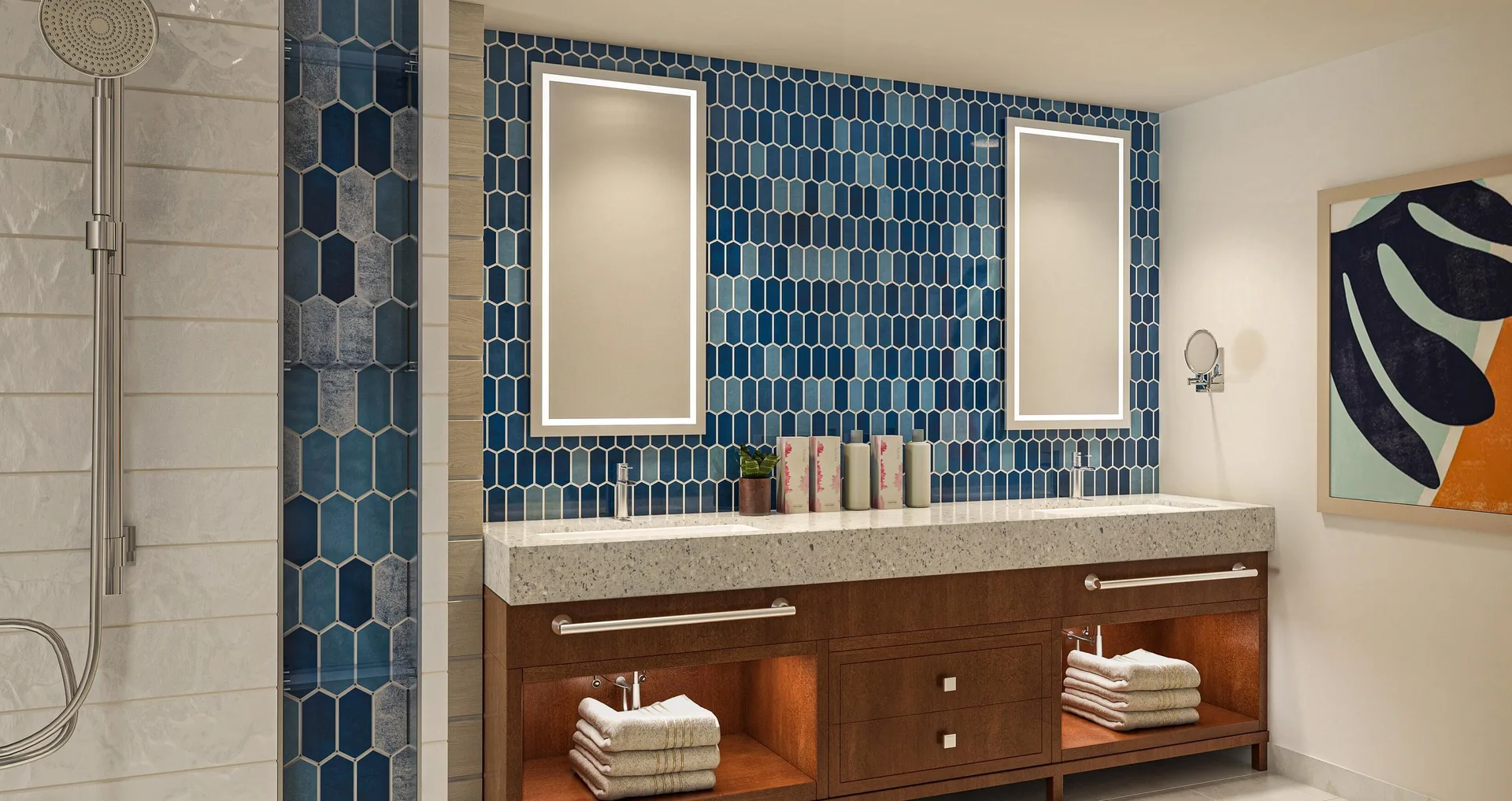 Bathroom vanity with blue tile and walk-in shower at Sandals Royal Curacao.