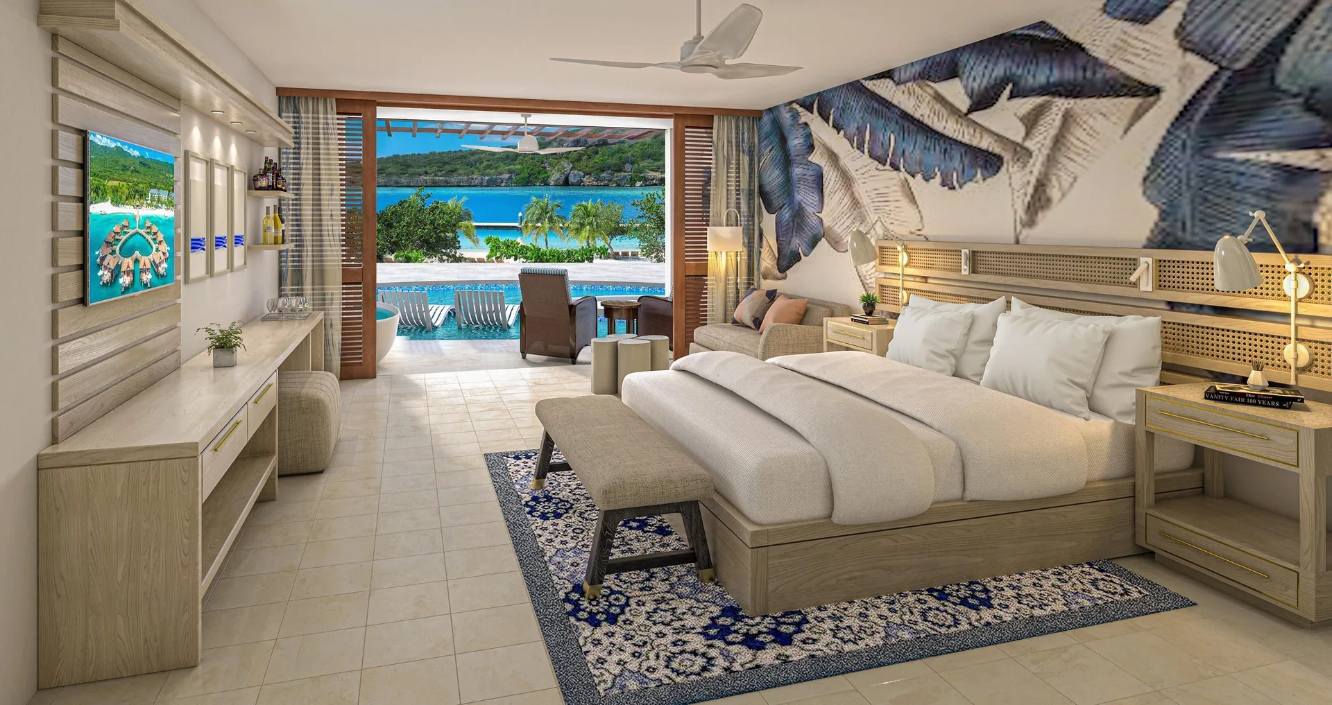 Beachfront king room with patio and ocean view at Sandals Royal Curacao.